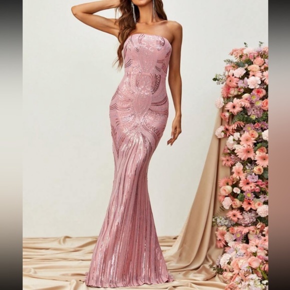 Luxe Sequin Strapless Zipper Formal Evening Party Prom Wedding Dress - Picture 5 of 12